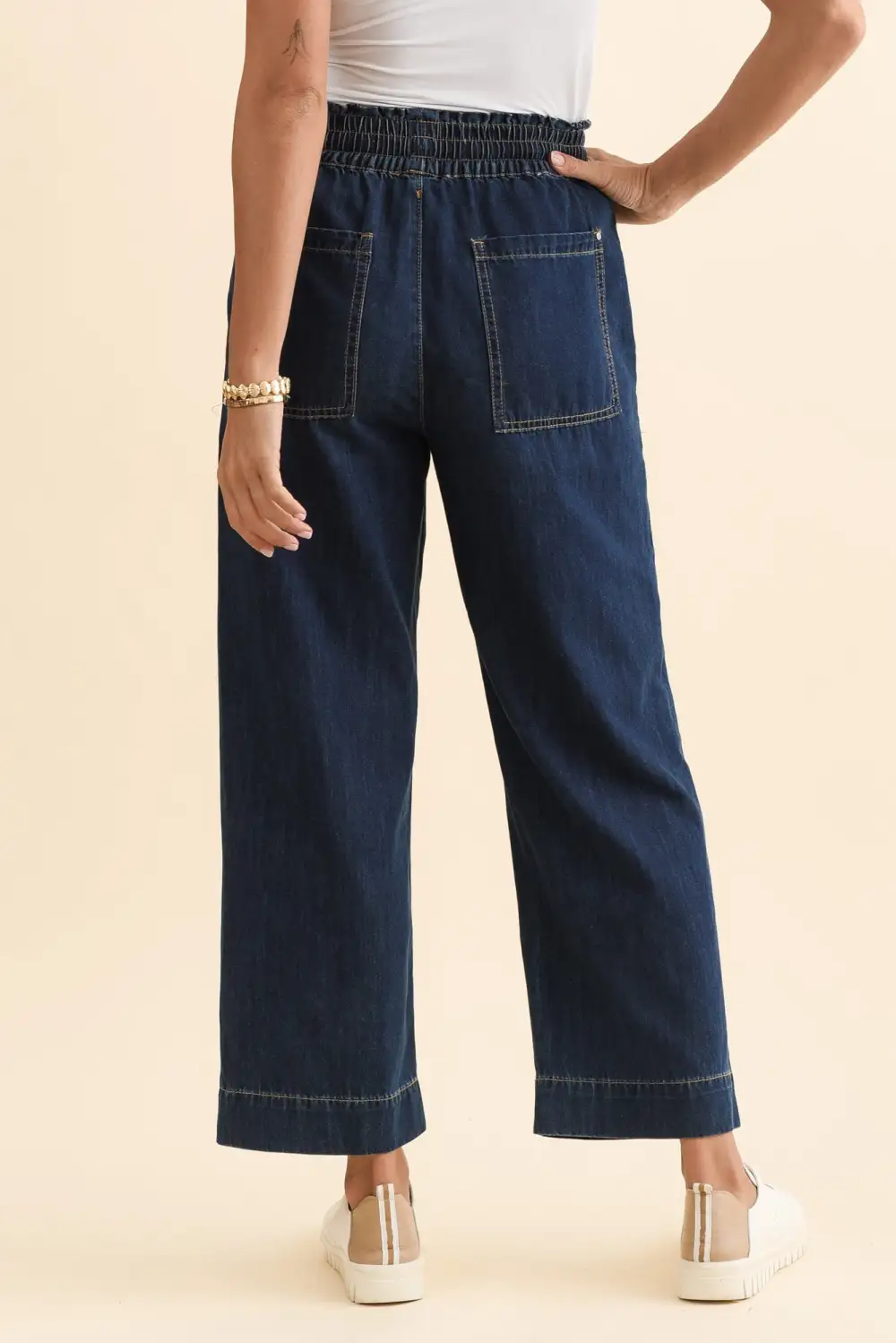 Denim Pants With High Rise And Elastic Waist