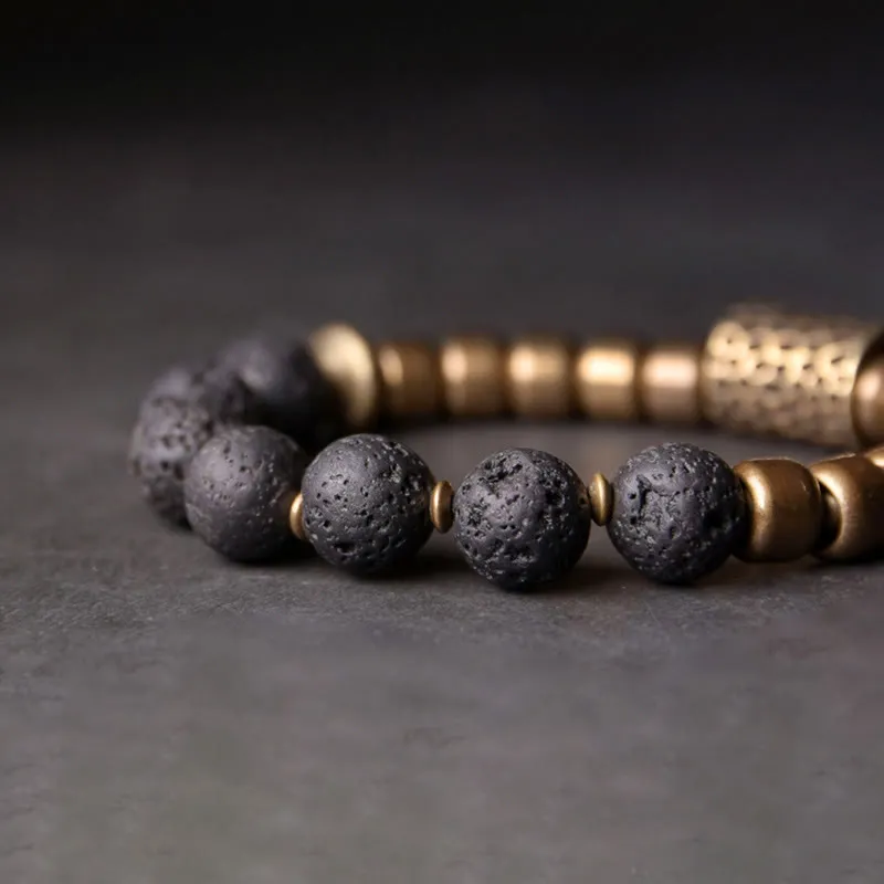 Lava Rock Stone Obsidian Brass Bracelet