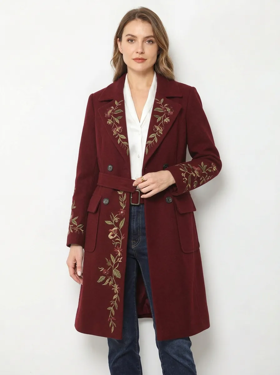 Women's Floral Embroidered Gray Herringbone Embroidered Coat