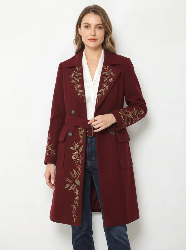 Women's Floral Embroidered Gray Herringbone Embroidered Coat