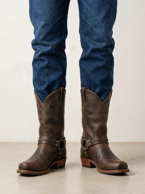 Men's Western Cowboy Braided Harness Distressed Leather Boots