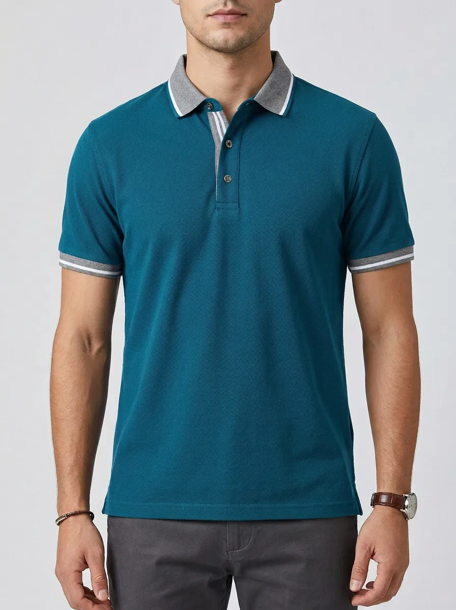Men's Navy Blue Contrast Collar Striped Trim Polo Shirt