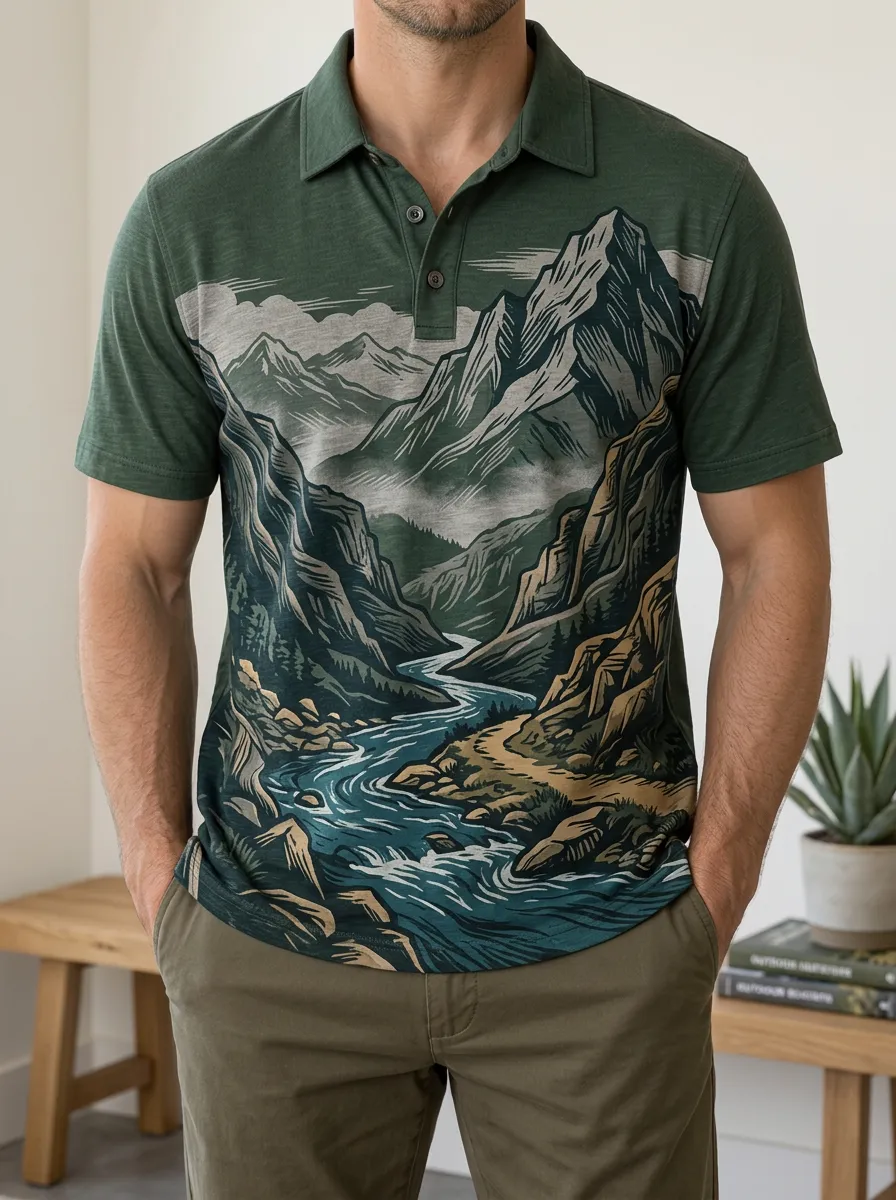 Men's Nature Lover Mountain River Landscape Printed Polo Shirt Modern Casual Style