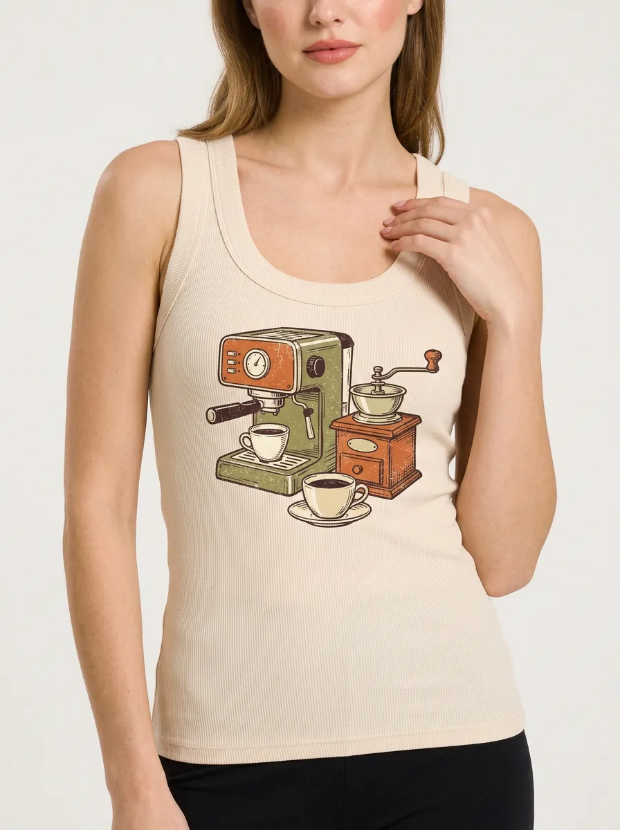 Women's Coffee Lover Espresso Machine Grinder Printed Tank Top