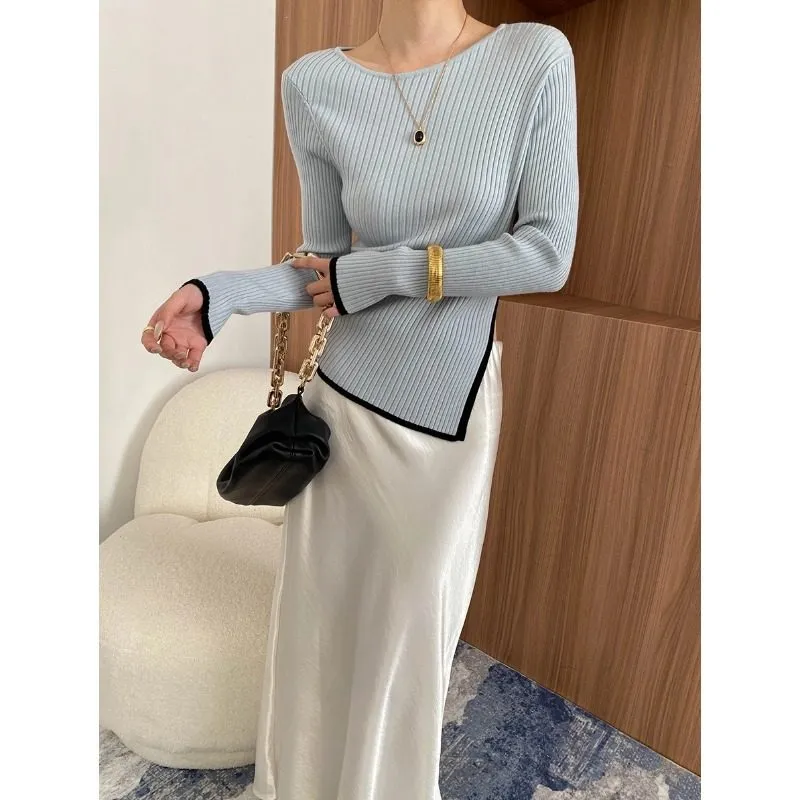 Structured Irregular Split Color Slim Knit Sweater