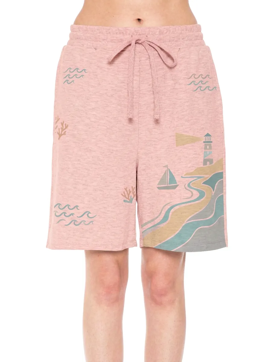 Women's Willow Nautical Coastal Lighthouse Sailboat Graphic Shorts