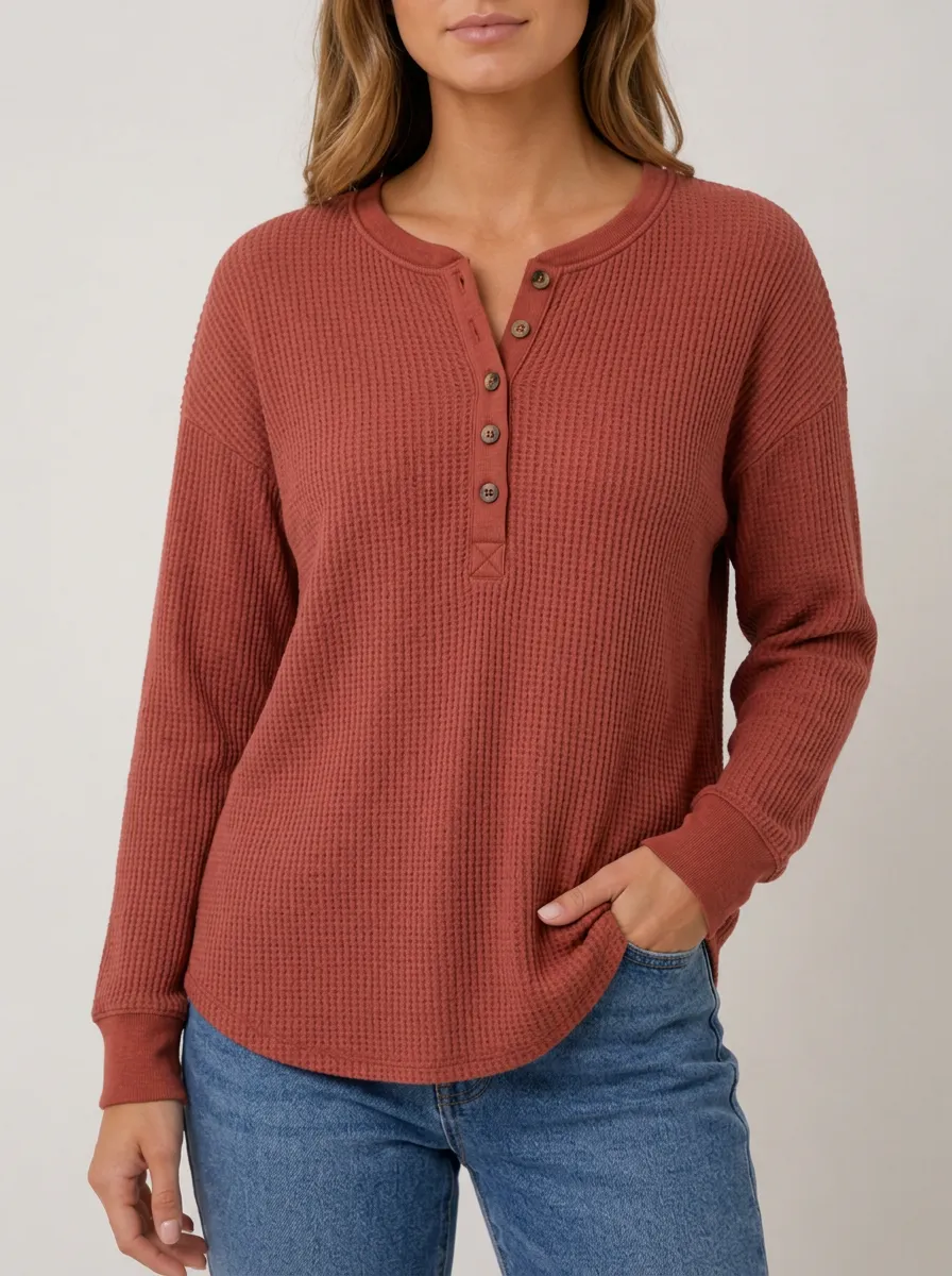 Relaxed Everyday Rust Waffle Knit Button Down Henley Top