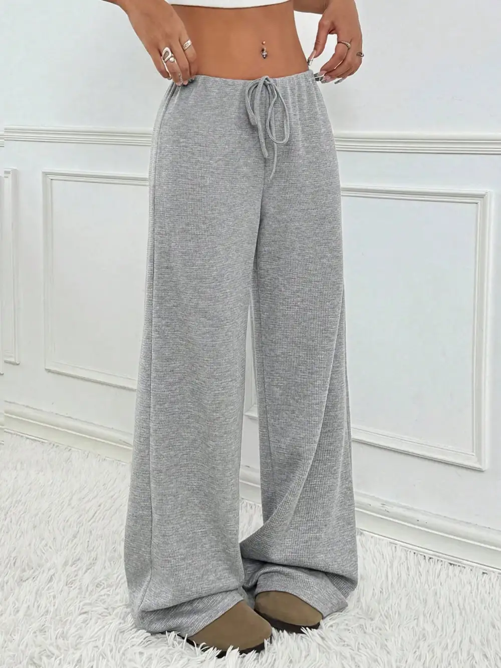 Relaxed Striped Wide Leg Drawstring Pants
