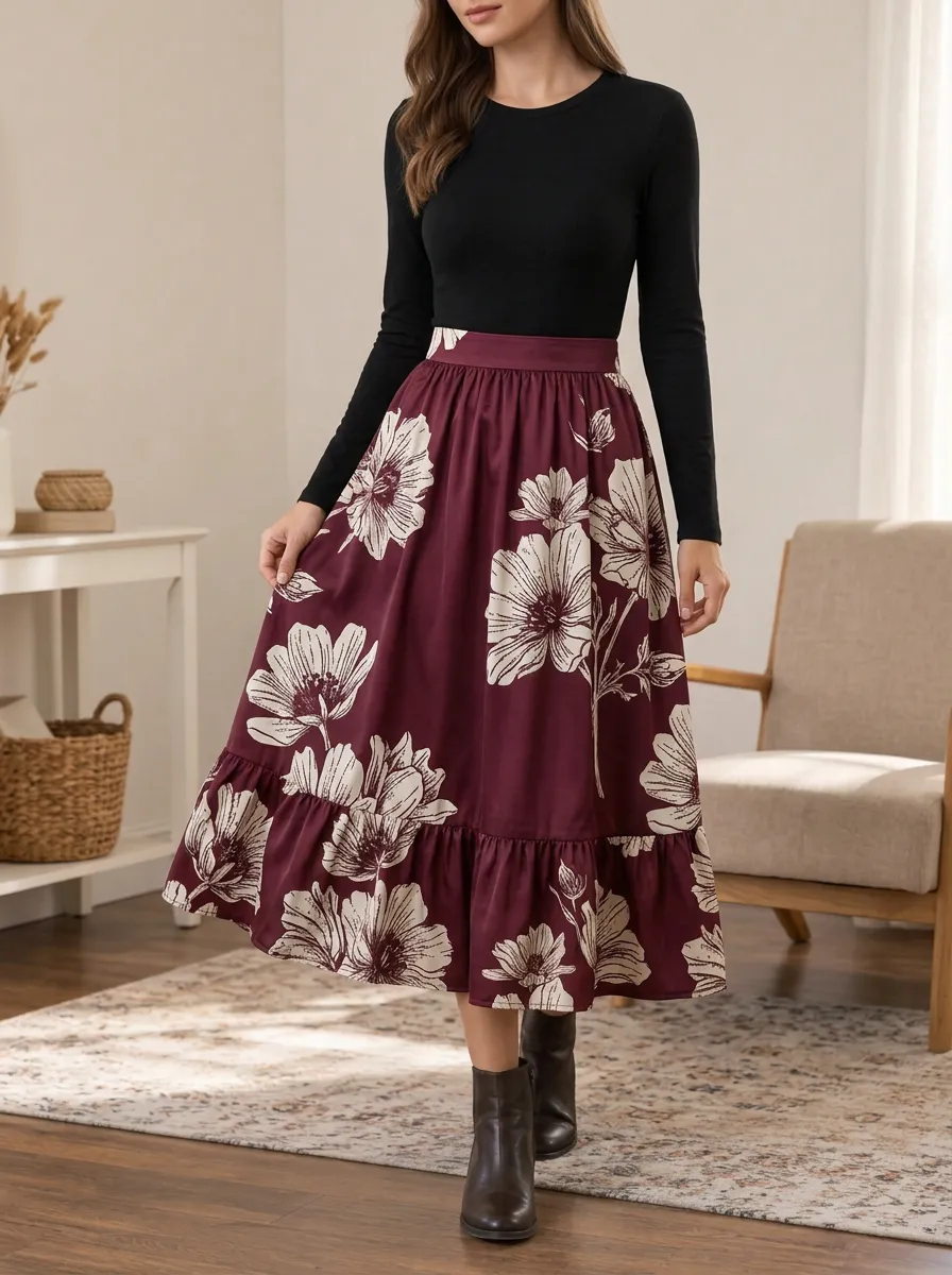 Women's Halloween Floral Burgundy Printed Midi Skirt