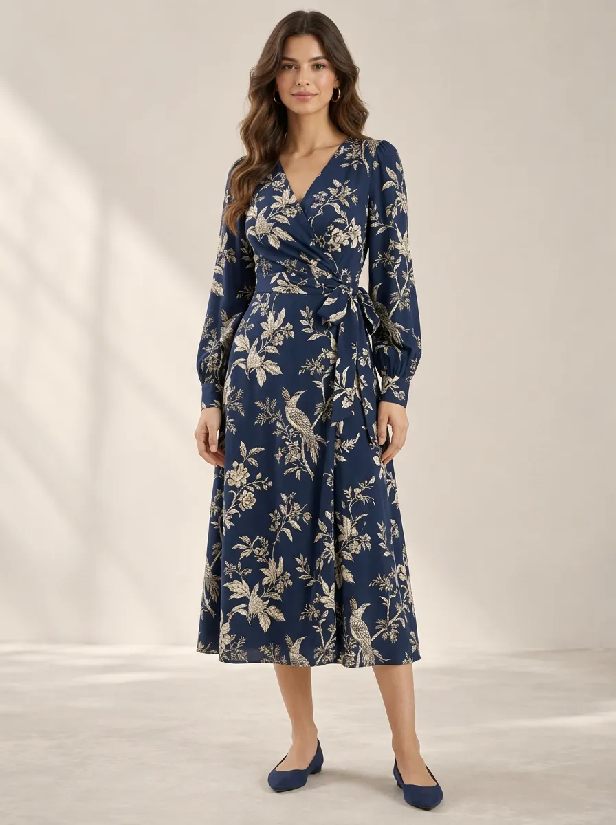 Women's Wrap Effortless Floral Bird Print Dress