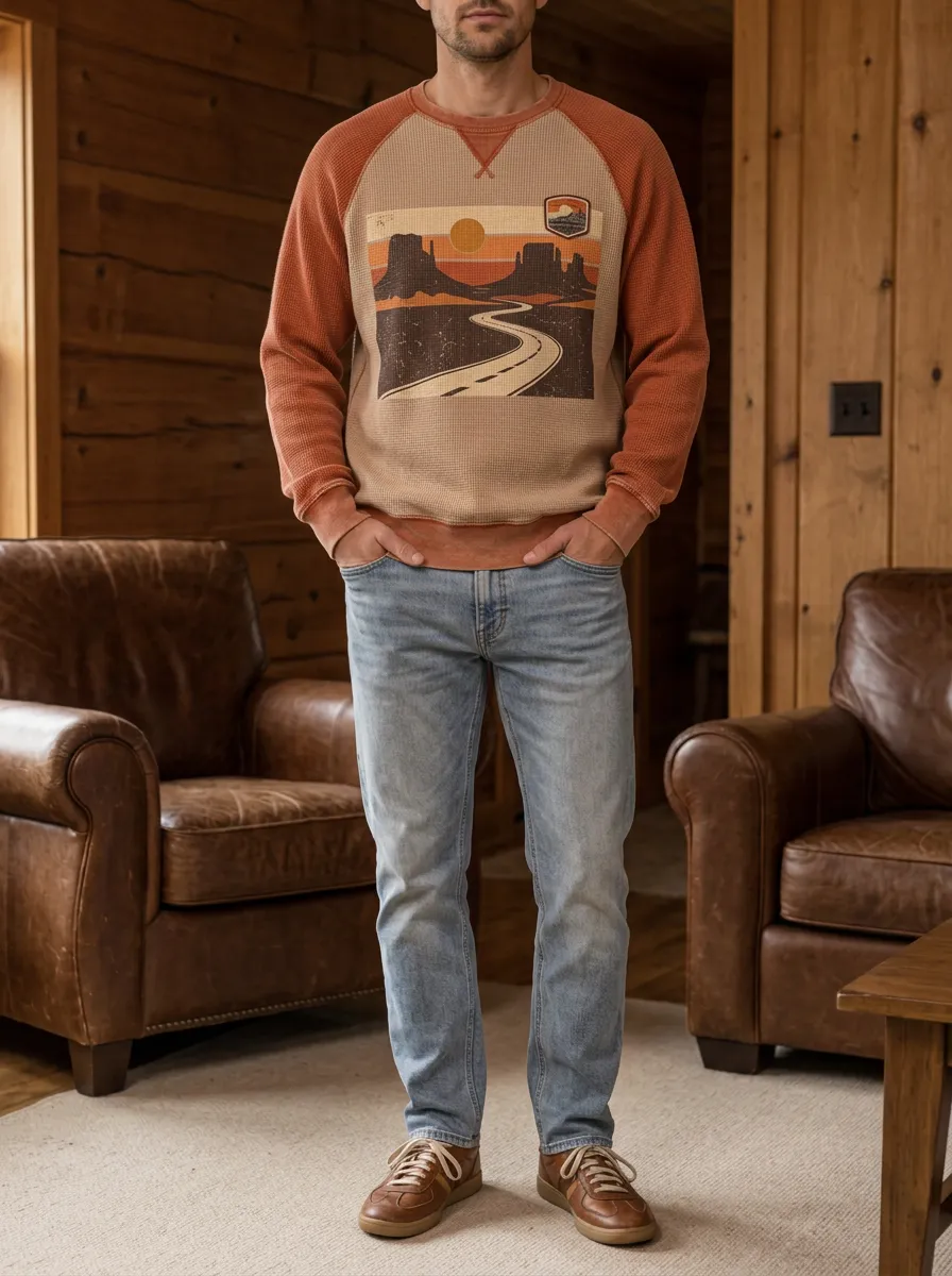 Men's Rust and Tan Graphic Raglan Printed Waffle Crewneck Sweatshirt
