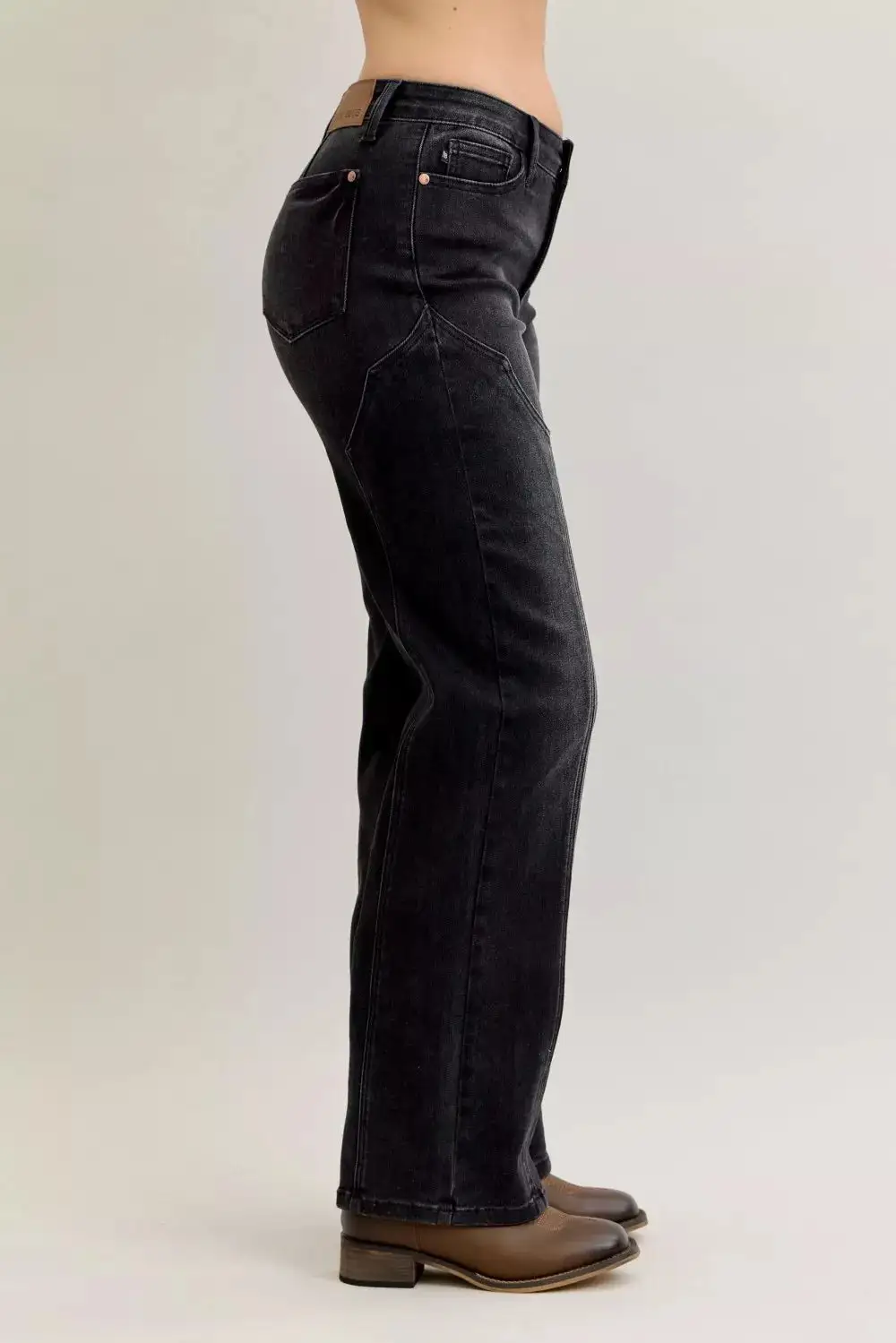 Mid Rise Straight Leg Seam Denim Jeans