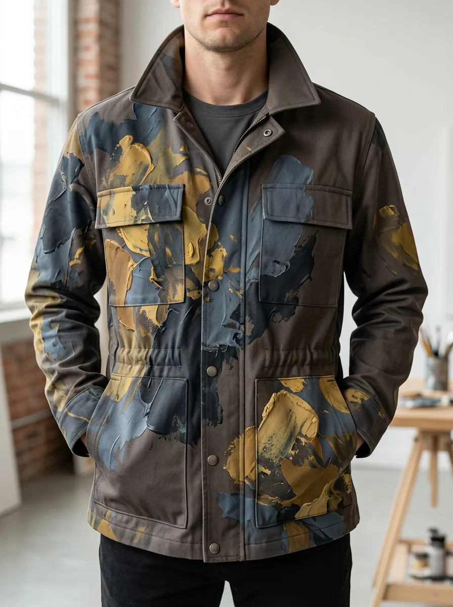 Men's Abstract Oil Painting Style Printed Field Jacket