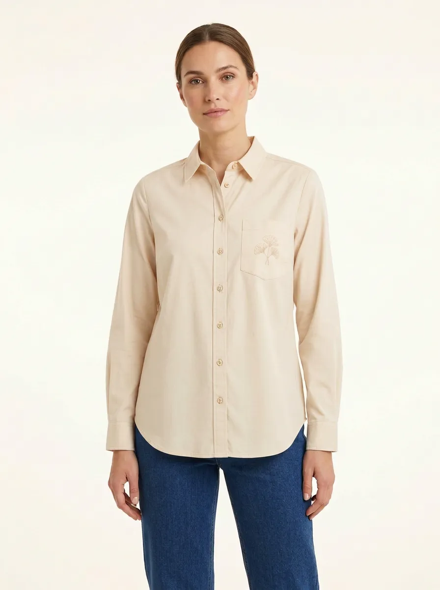 Women's Ginkgo-Embroidered Shirttail-Hem Point-Collar Shirt