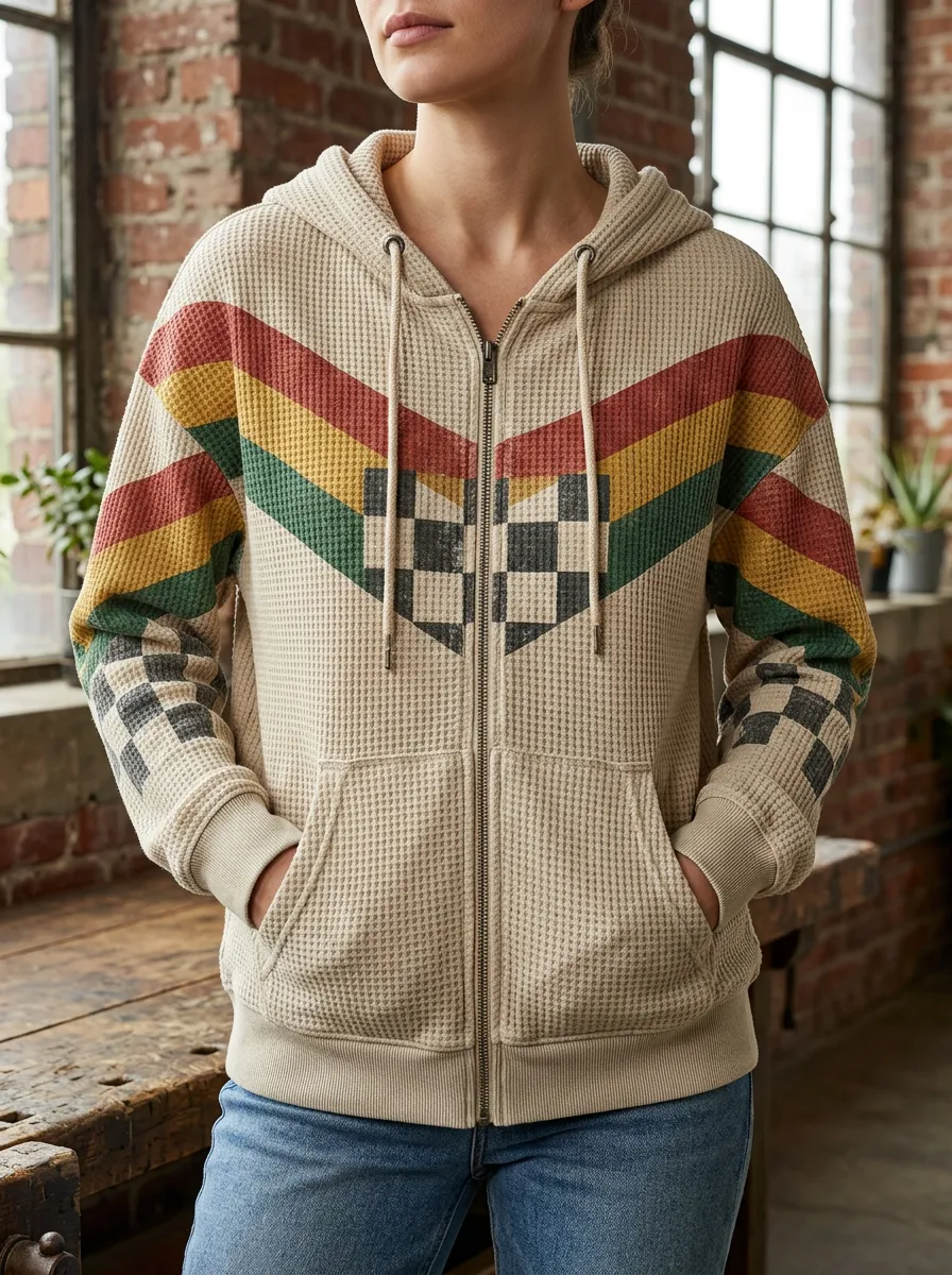 Women's Retro Stripe Checkerboard Printed Waffle Zip Hoodie