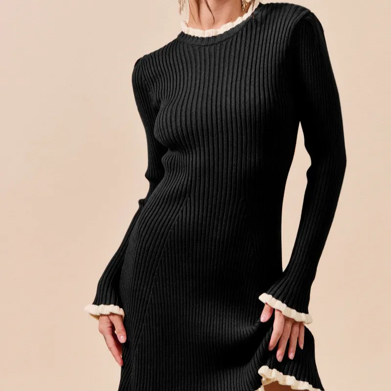 Modern Ruffle Detail Long Sleeve Ribbed Knit Dress