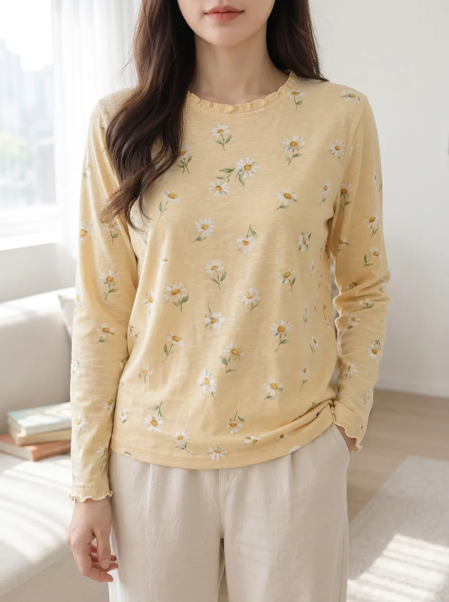 Women's Sweet Style Yellow Daisy Floral Printed Long Sleeve T-shirt