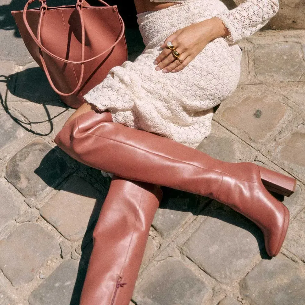 Faux-Leather Snip-Toe Round-Toe Chunky-Heel Over-the-Knee Boots