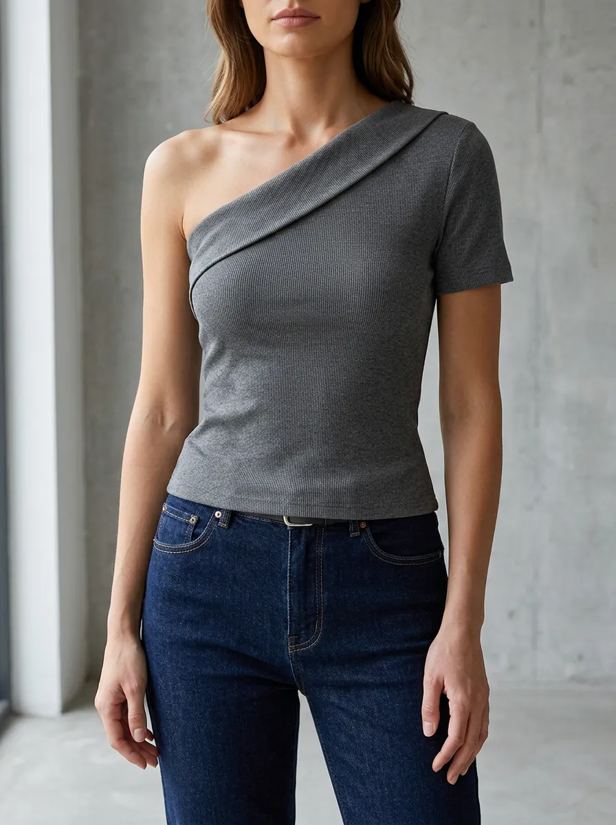 Women's Casual Fashion Grey Ribbed One-Shoulder Short Sleeve Top
