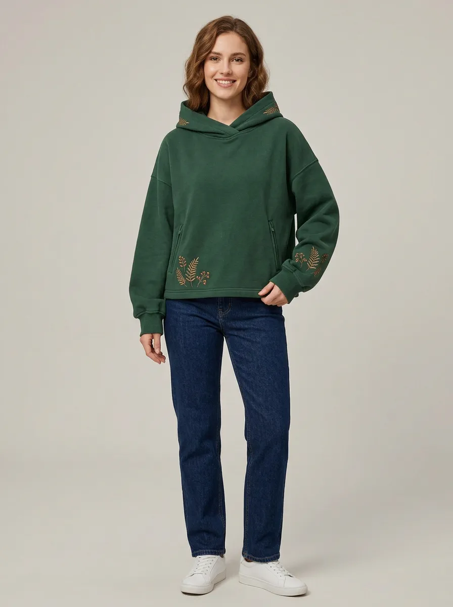 Women's Botanical Fern Graphic Nature Inspired Soft Style Hoodie