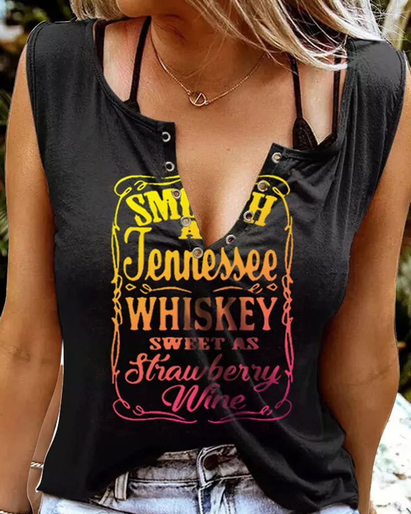 Smooth As Tennessee Whiskey Sweet As Strawberry Wine Print Eyelet Decor Casual Tank Top
