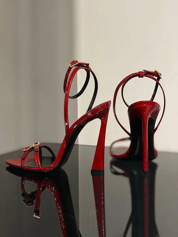 Buckle Open-Toe Panel Detail Rubber Sole Heeled Sandals