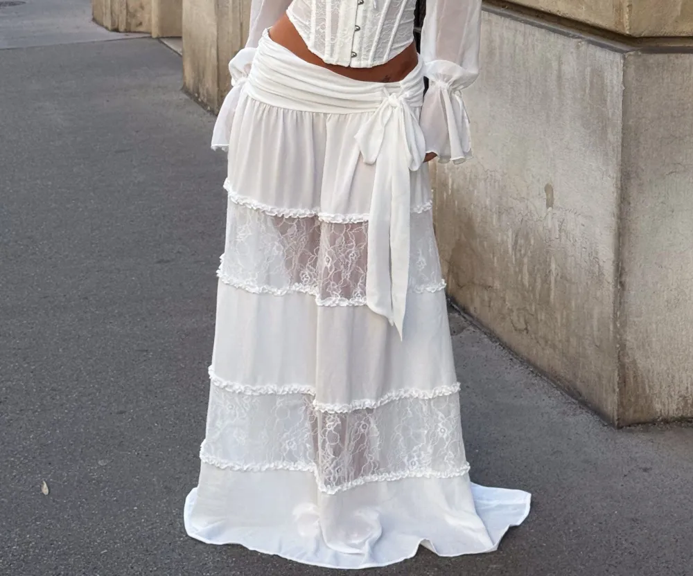 White Tiered Lace Insert Maxi Skirt