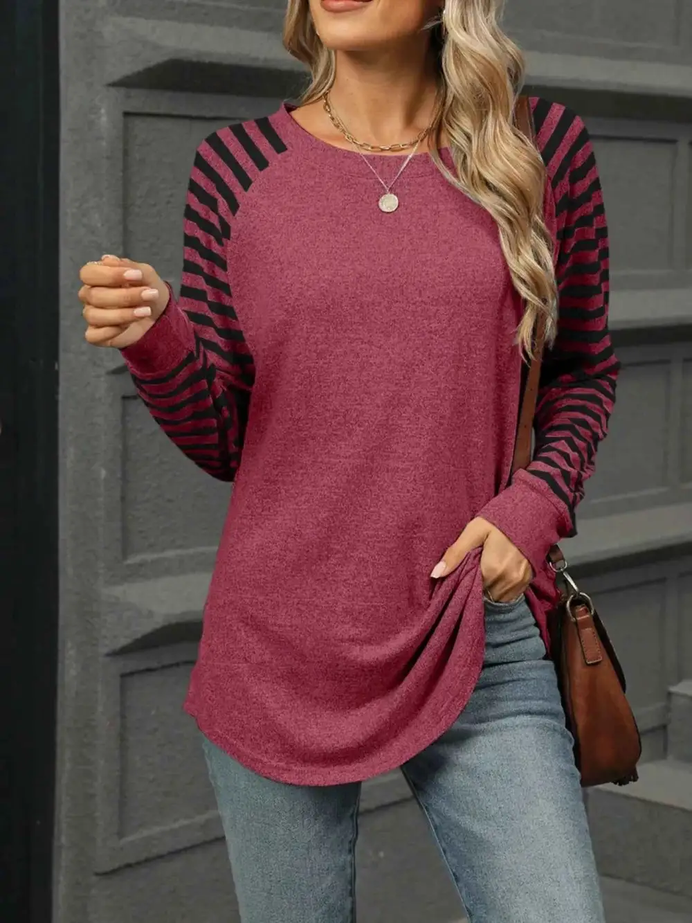 Striped Round Neck Raglan Sleeve T-Shirt