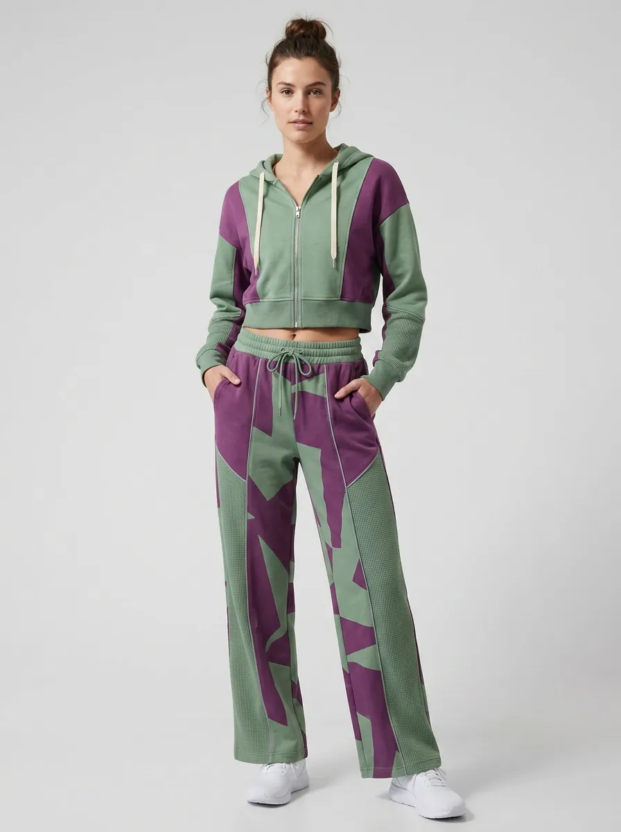Women's Colorblock Geometric Pattern Printed Crop Hoodie Jogger Set