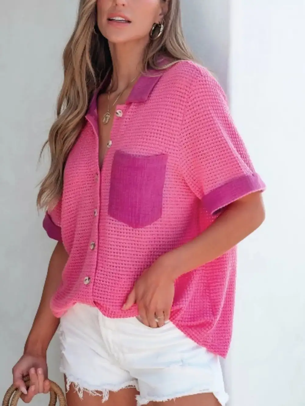 Gauze Waffle-Knit Button-Down Short Sleeve Shirt