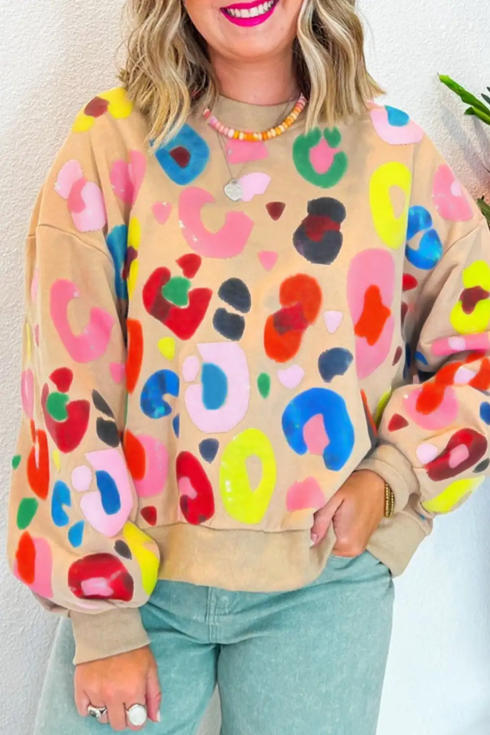 Leopard Print Drop Shoulder Pullover Sweatshirt