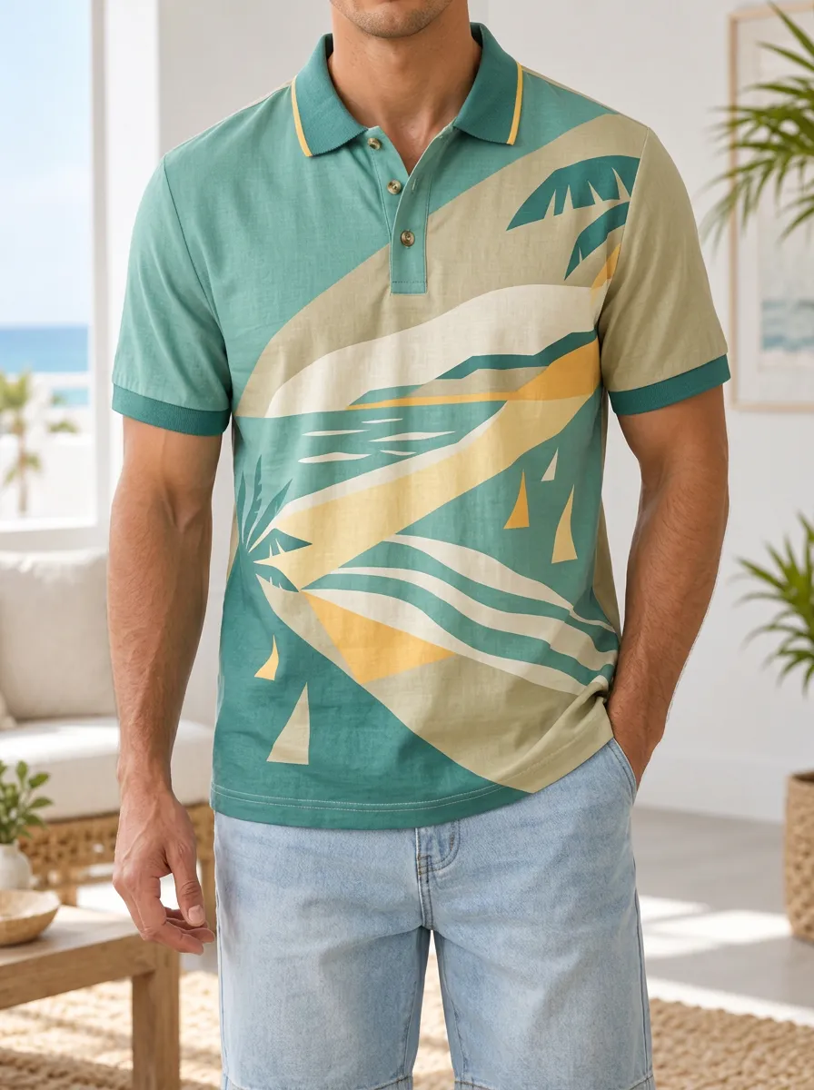 Men's Tropical Beach Landscape Printed Polo Shirt