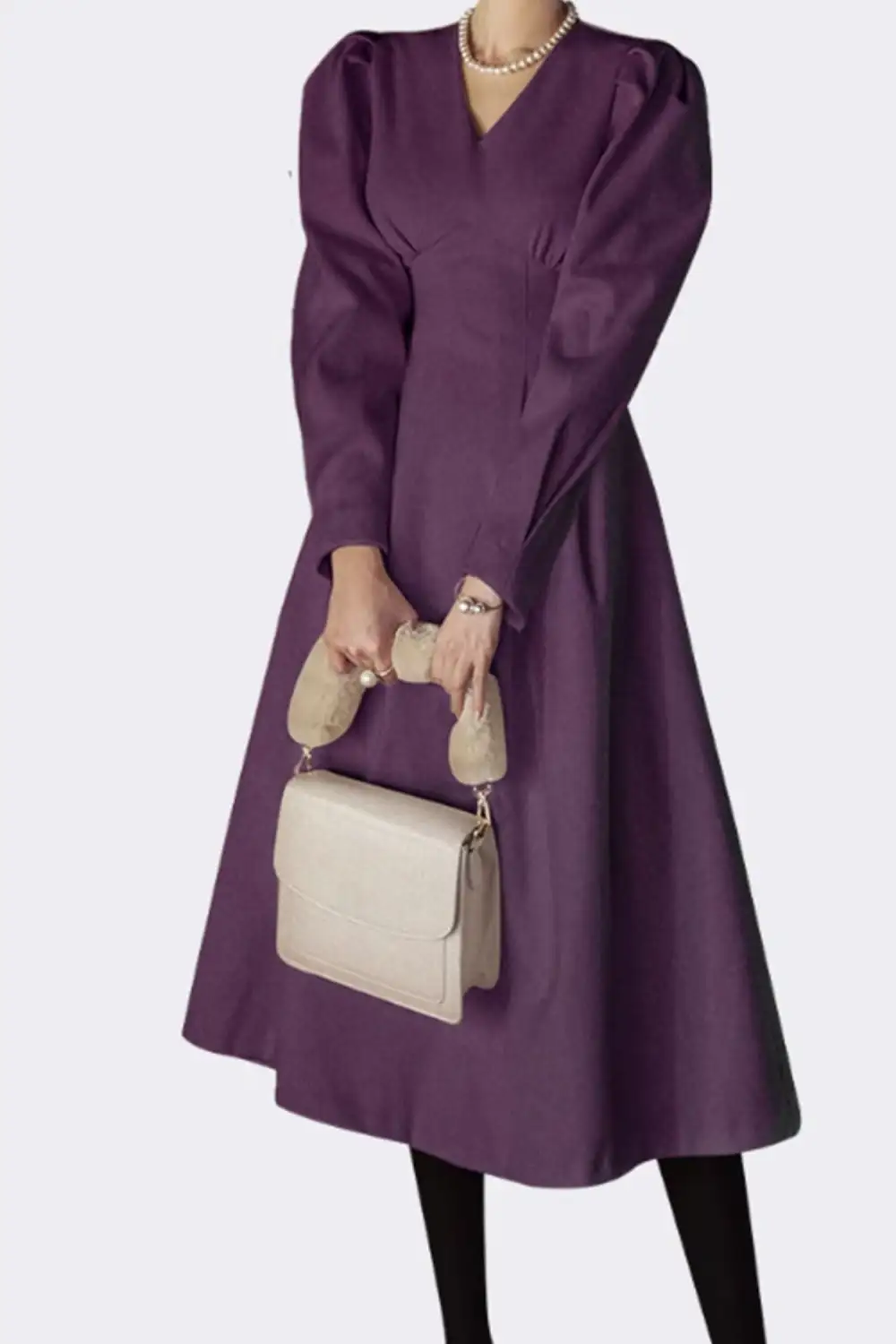 Classic Wool Blend A Line V Neck Long Sleeve Midi Dress