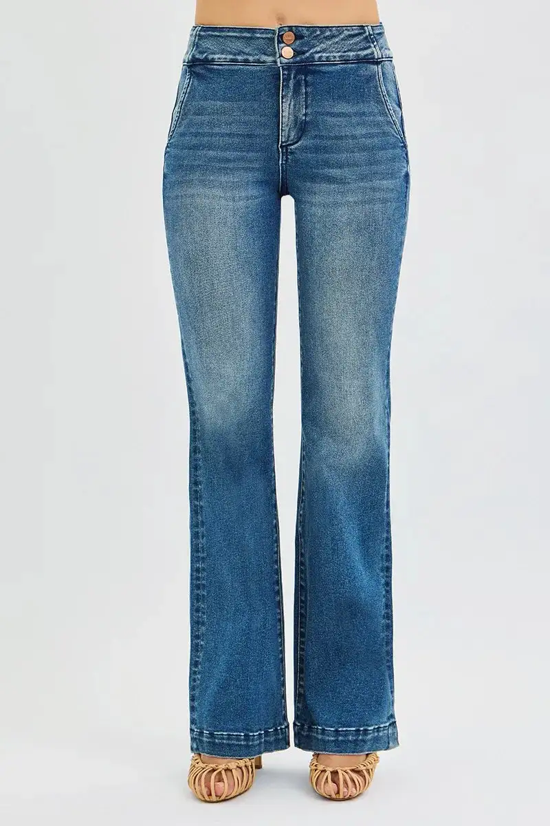 Washed High Waist Flare Leg Button Denim Jeans