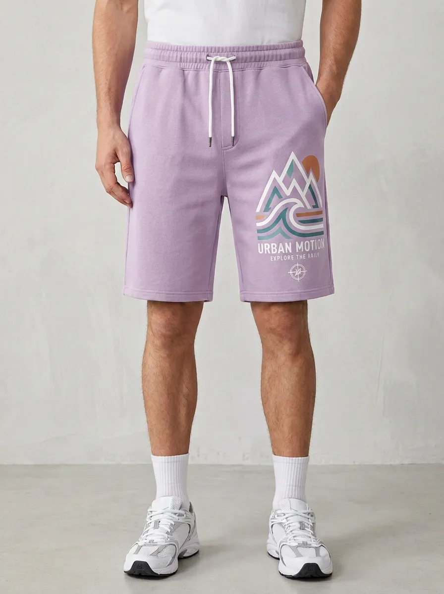 Men's Mountain Compass Wave Drawstring Printed Sweat Shorts