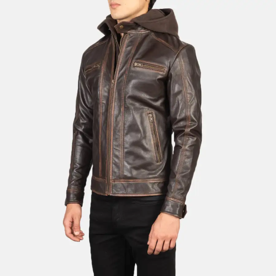Men's Rugged Biker Hooded Leather Jacket
