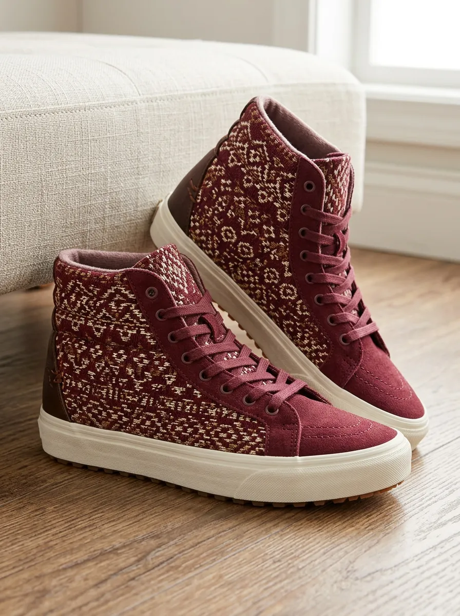 Women's Burgundy Geometric Pattern Printed High Top Sneakers