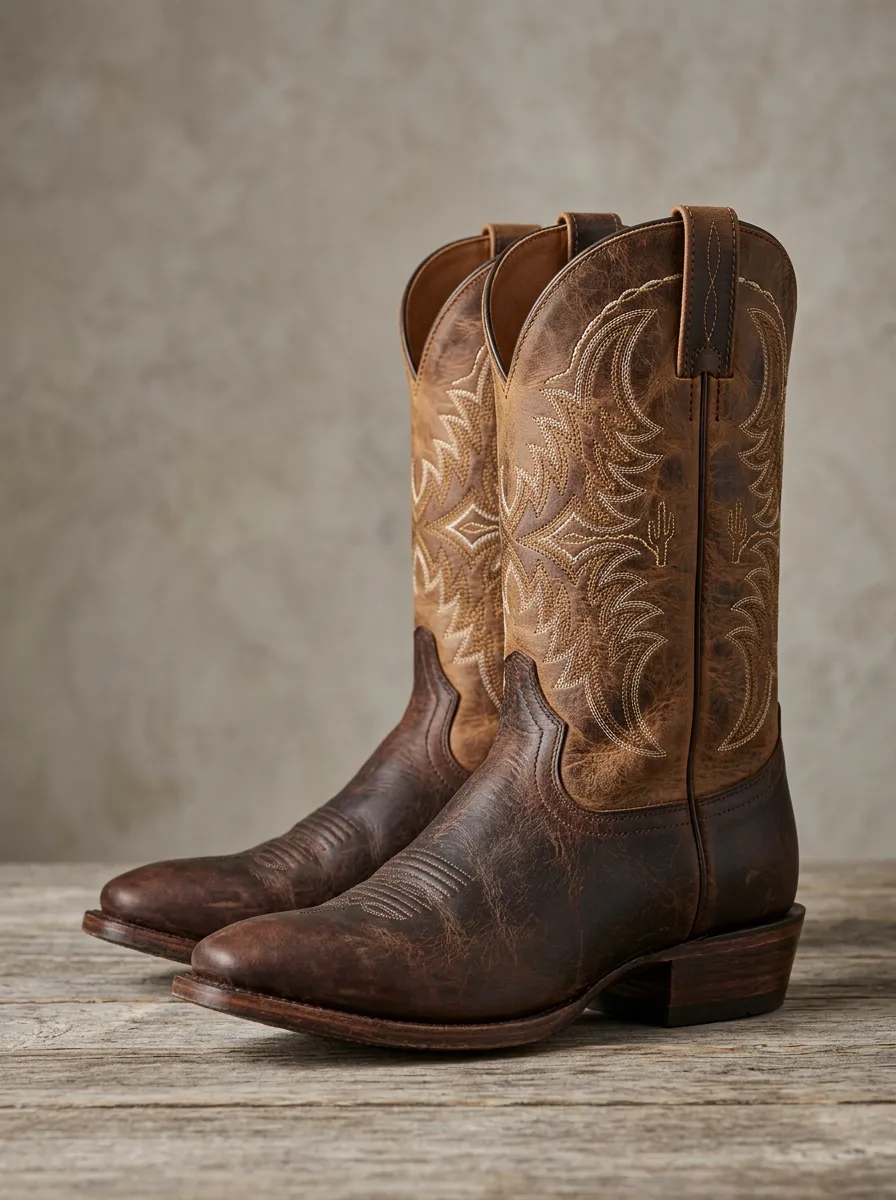 Unisex Ranchwear Embroidered Distressed Leather-Look Heritage Look Western Cowboy Boots