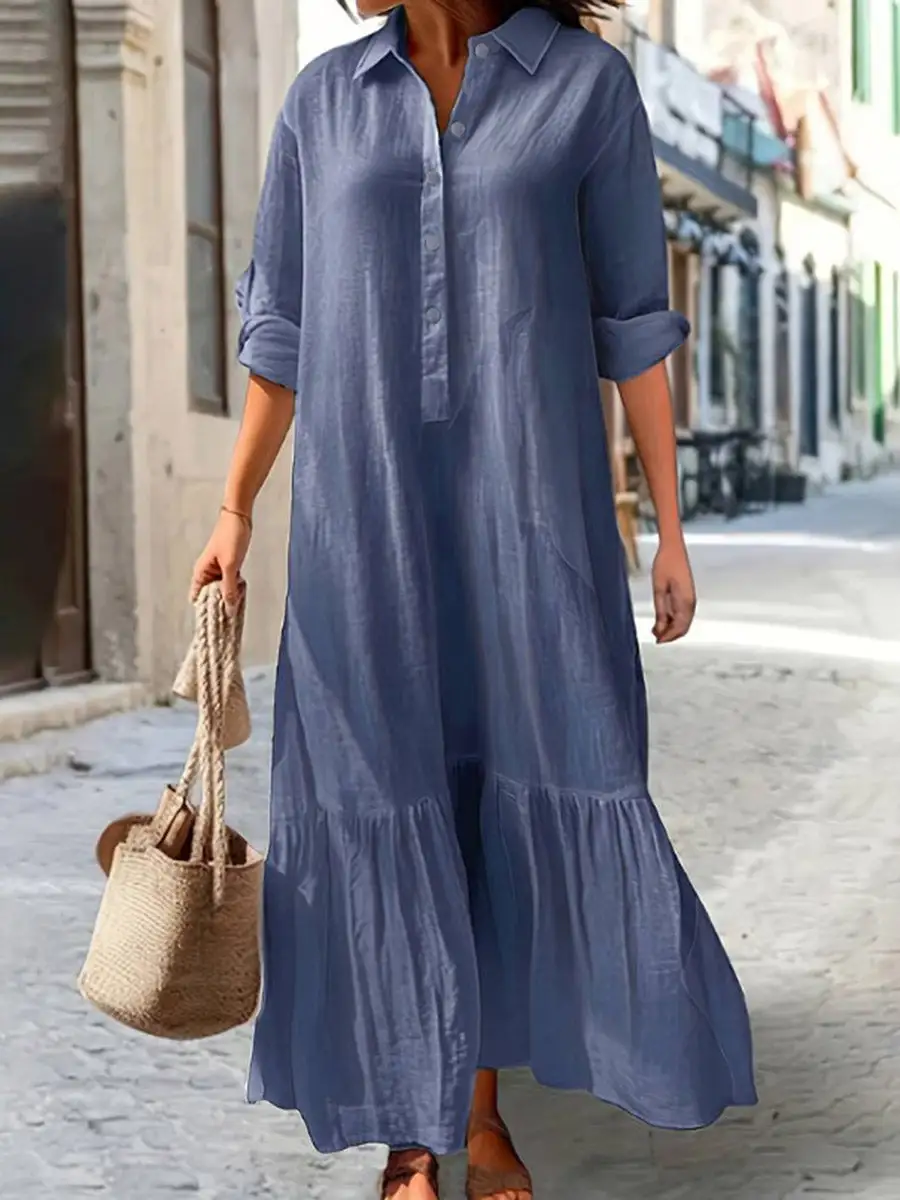 Sleeves Pleated Buttoned Long Maxi Dress