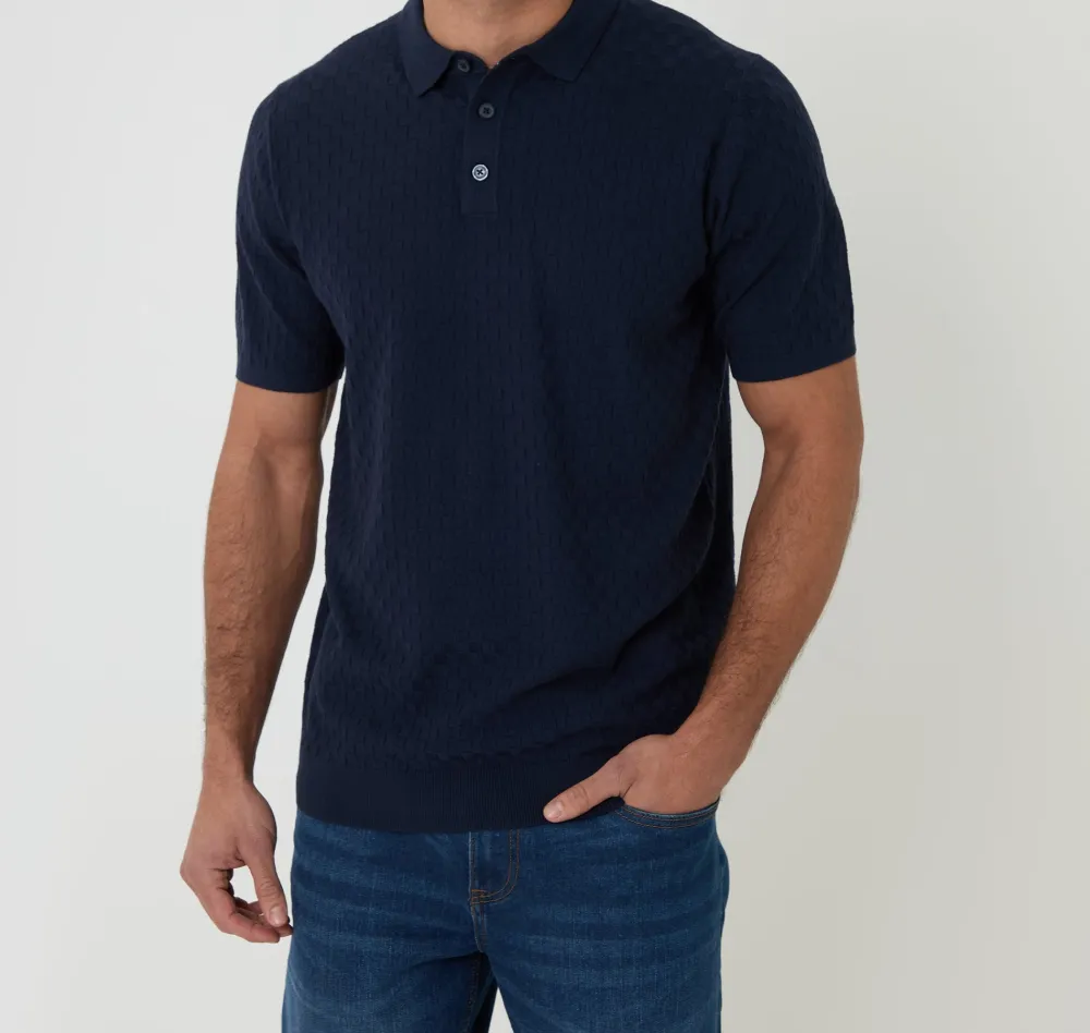 Men's Navy Basket Stitch Knitted Polo