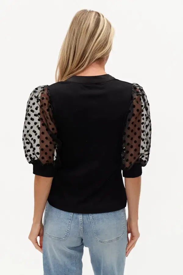 Black Polka Dot Puff Sleeve Henley Top