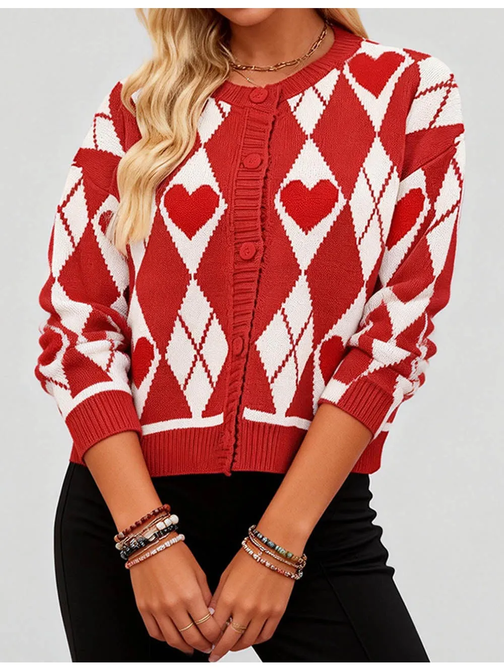 Valentine Heart Graphic Round Neck Knit Cardigan