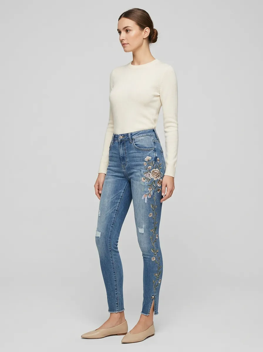 Women's Floral Vintage Flower Embroidered Graphic Slim Jeans
