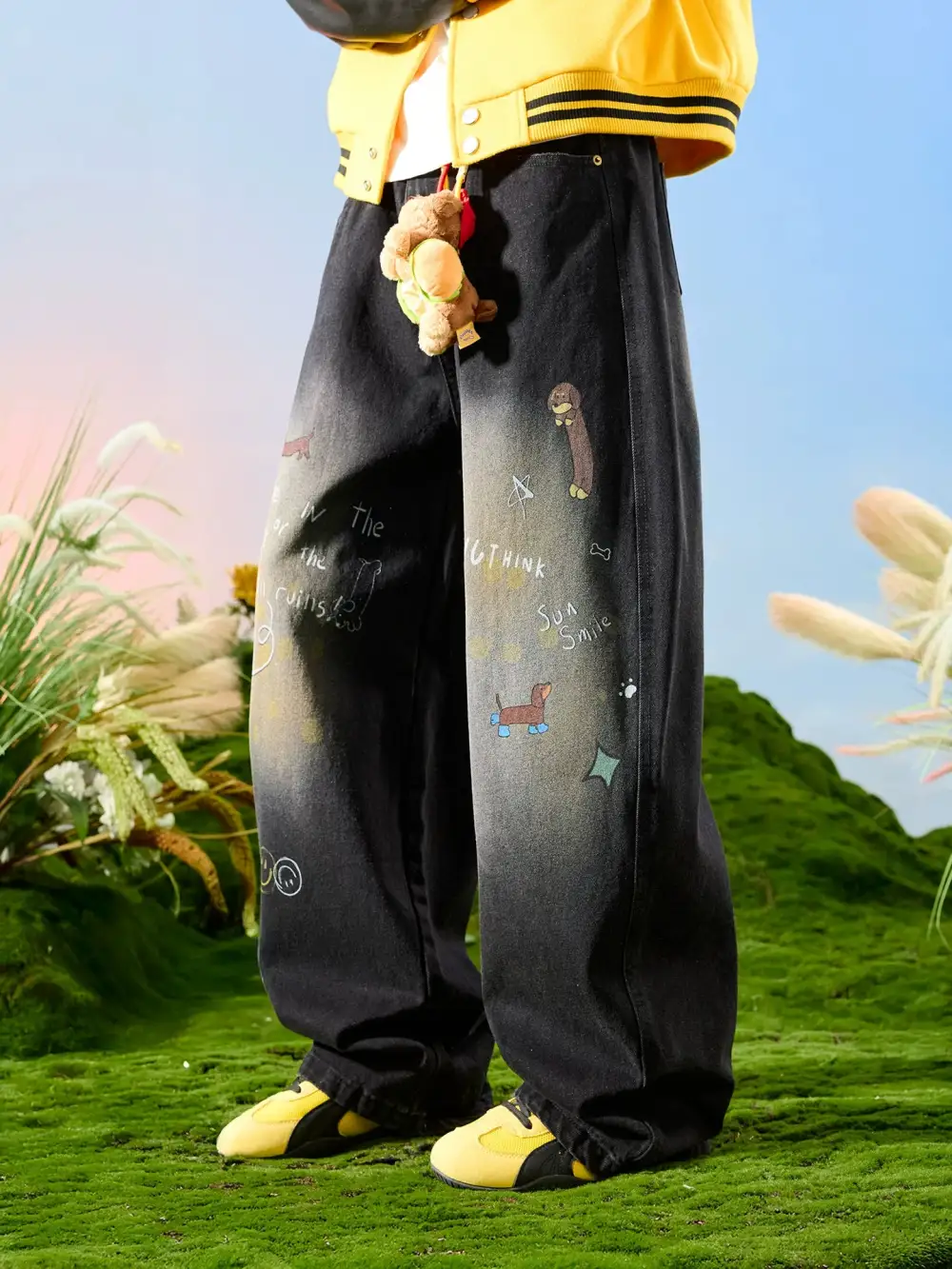 Playful Doodle Print Wide Leg Jeans