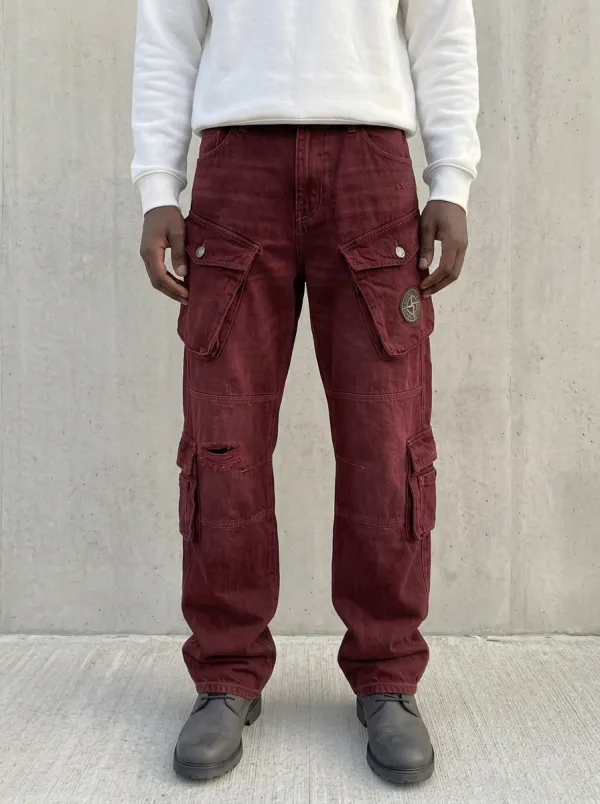 Men's Blue Distressed Multi-Pocket Cargo Cargo Pants