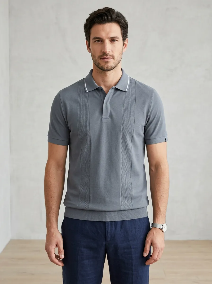Men's Casual Business Herringbone Textured Knitted Polo Shirt