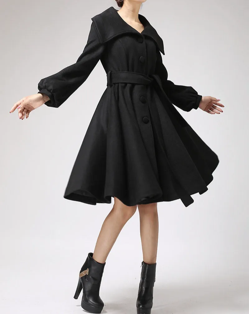 Refined Wool Blend Fit and Flare Lantern Sleeve Midi Coat