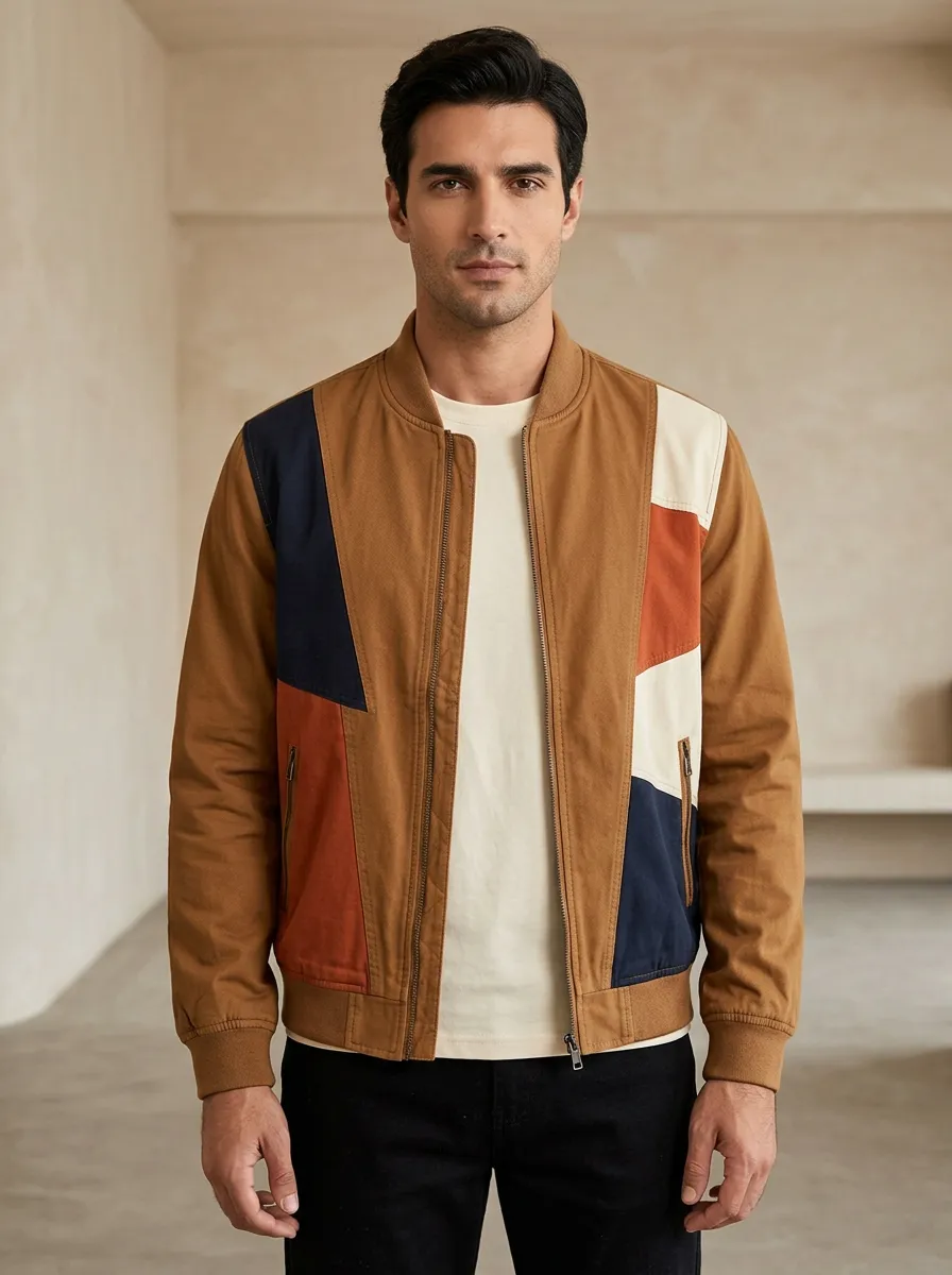 Geometric Print Baseball Collar Panel Detail Bomber Jacket