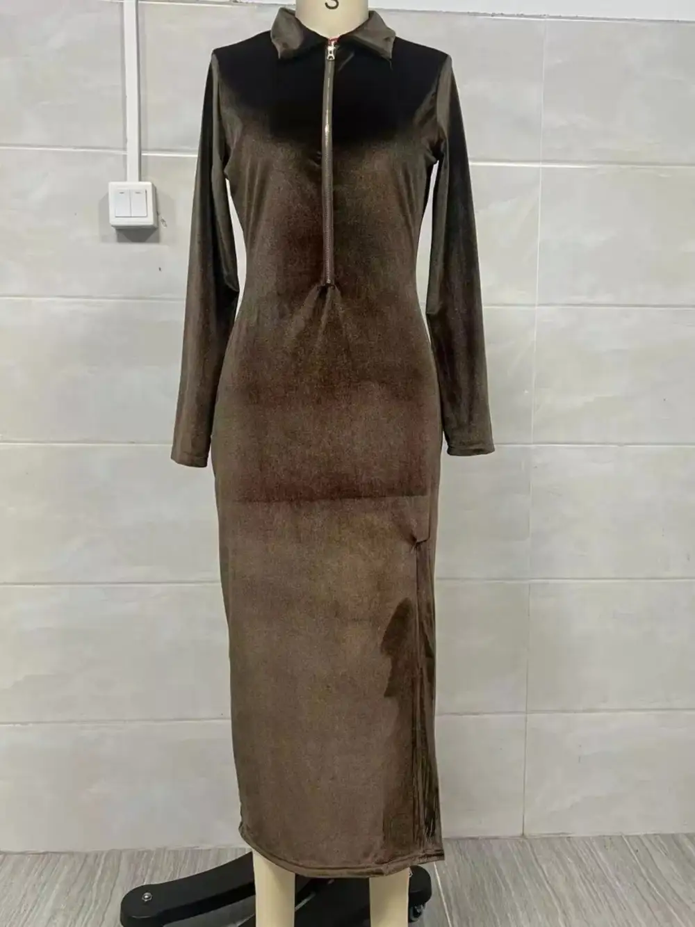 Velvet Zip-Front Slit Midi Dress