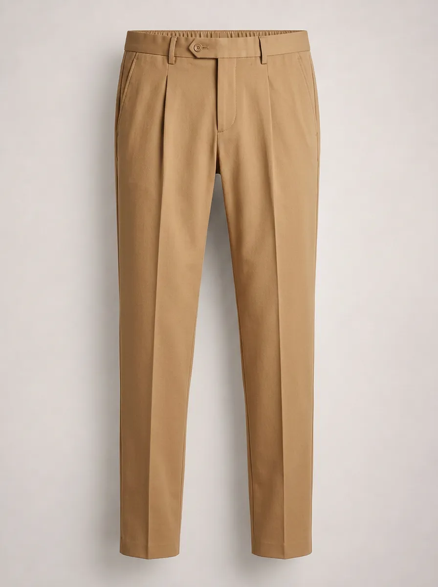 Men's Casual Khaki Pleated Elastic Waist Dress Trousers
